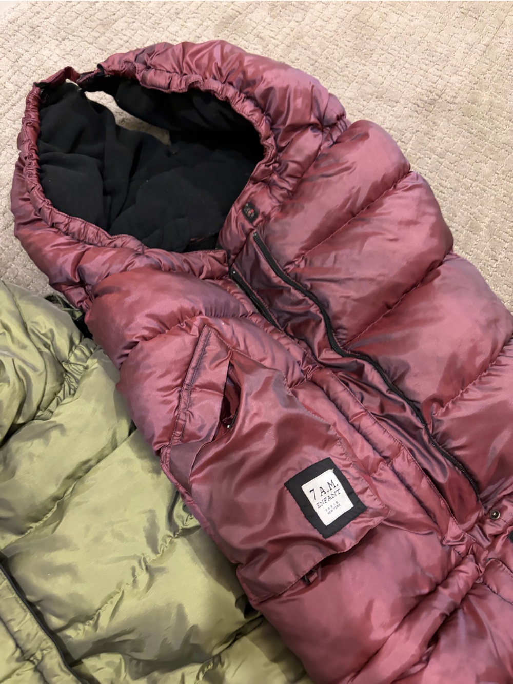 7 A.M. Enfant Burgundy / Olive Puffer Baby Bunting (set of 2)